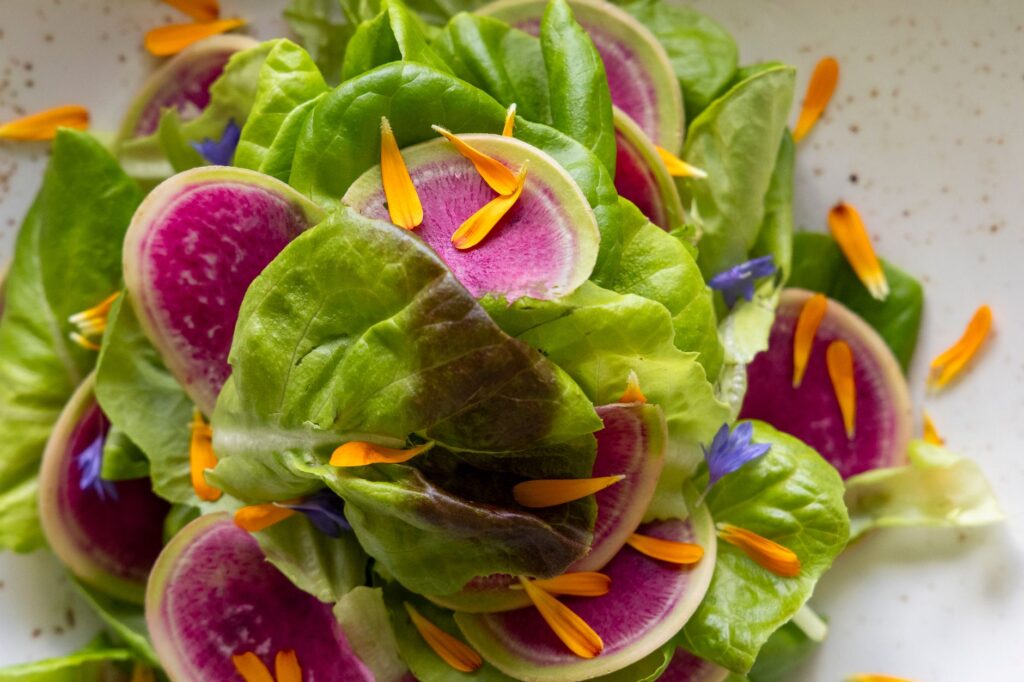 salade verte parsemée de pétales orange et de radis en tranches