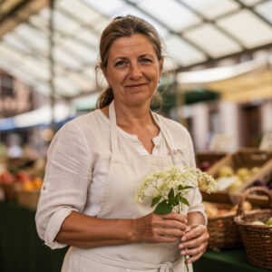 Mireille Fontanel au marché couvert, un bouquet de fleurs de sureau à la main